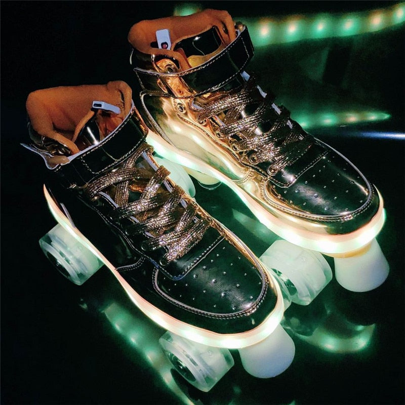 New Style Led Rechargeable 7 Colorful Luminous Double Row 4 Wheel Roller Skates Patines Outdoor Men Women Shoes