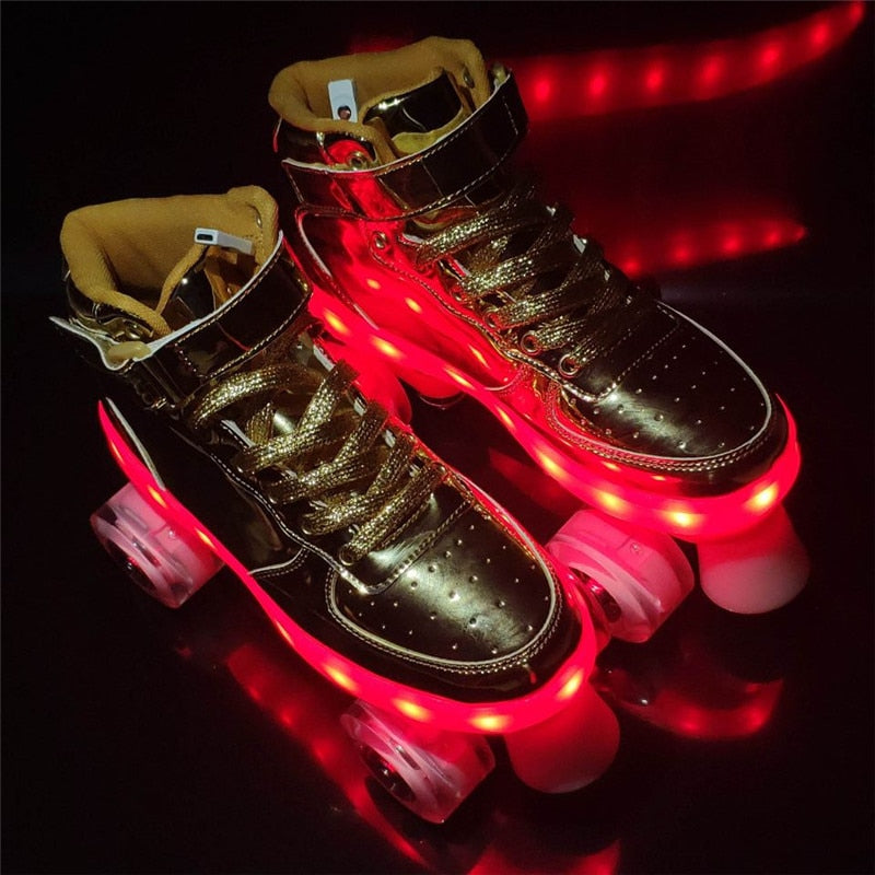 New Style Led Rechargeable 7 Colorful Luminous Double Row 4 Wheel Roller Skates Patines Outdoor Men Women Shoes