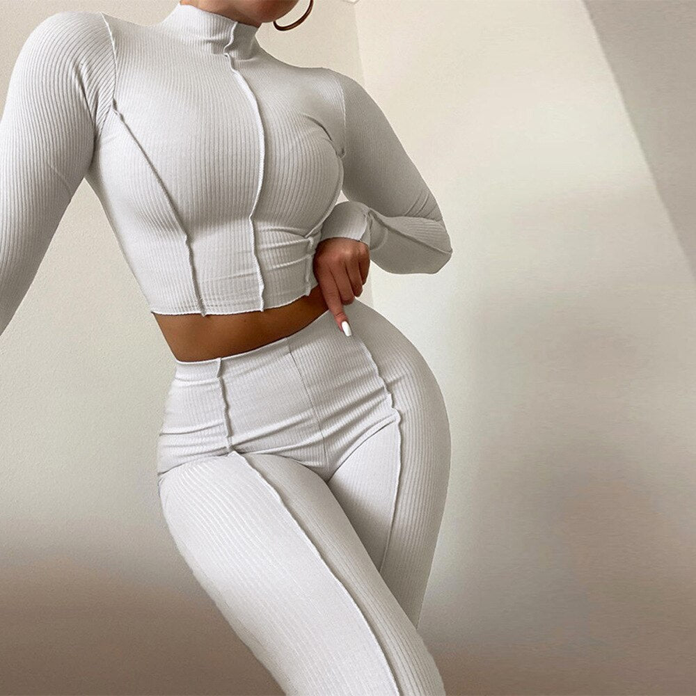 BoozRey Solid Sporty Two Piece Set Women Half High Collar Slim Crop Top Leggings Summer Casual Outfit Fitness Workout Sportswear