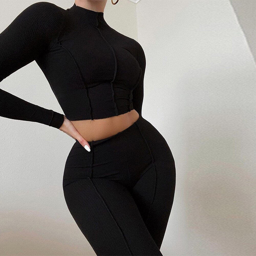 BoozRey Solid Sporty Two Piece Set Women Half High Collar Slim Crop Top Leggings Summer Casual Outfit Fitness Workout Sportswear