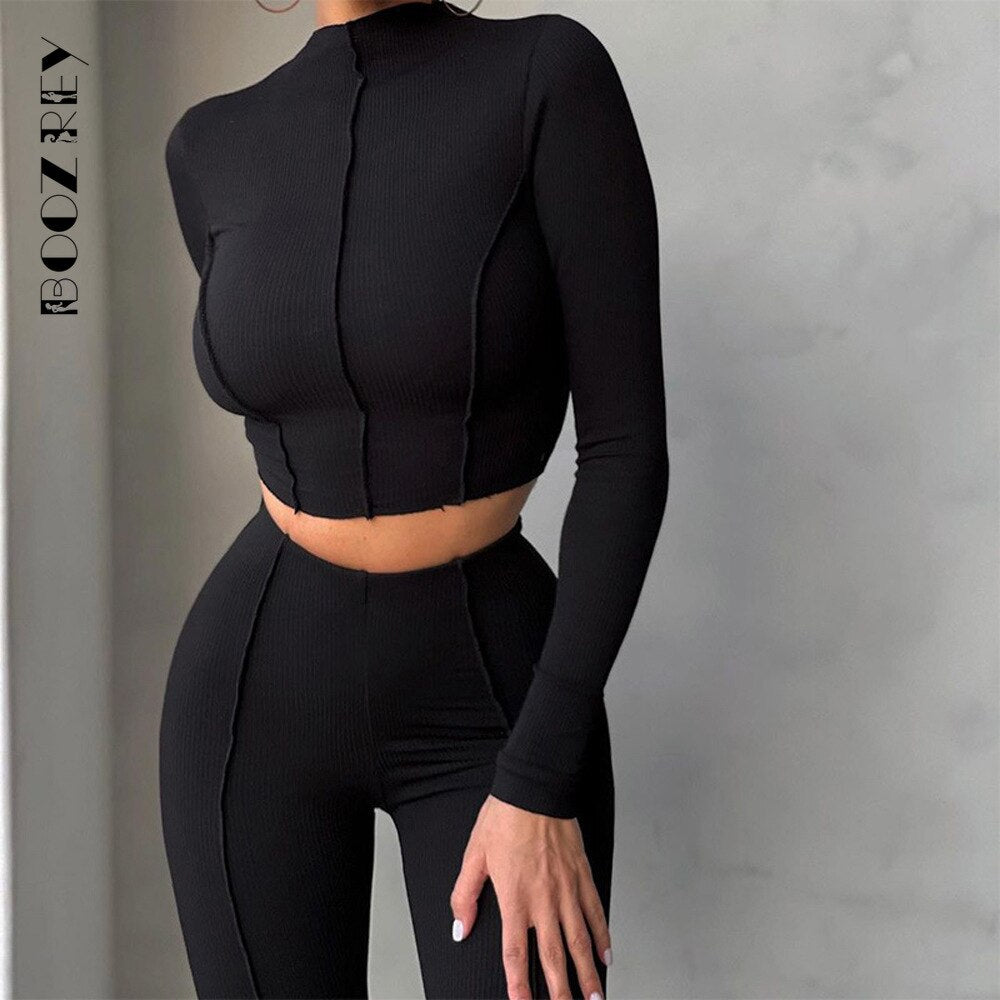 BoozRey Solid Sporty Two Piece Set Women Half High Collar Slim Crop Top Leggings Summer Casual Outfit Fitness Workout Sportswear