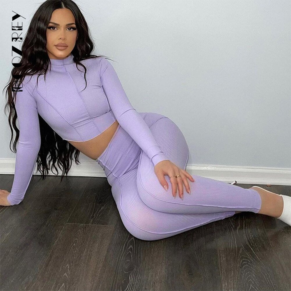 BoozRey Solid Sporty Two Piece Set Women Half High Collar Slim Crop Top Leggings Summer Casual Outfit Fitness Workout Sportswear