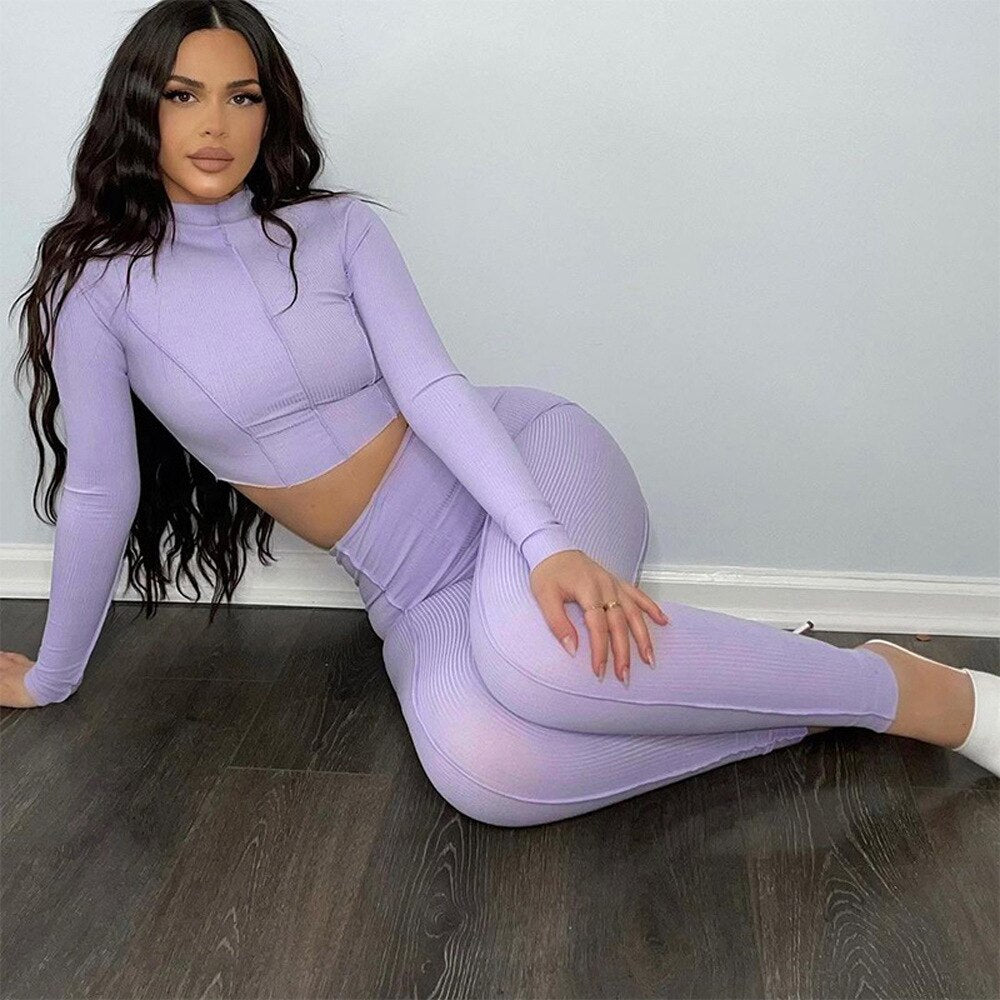 BoozRey Solid Sporty Two Piece Set Women Half High Collar Slim Crop Top Leggings Summer Casual Outfit Fitness Workout Sportswear